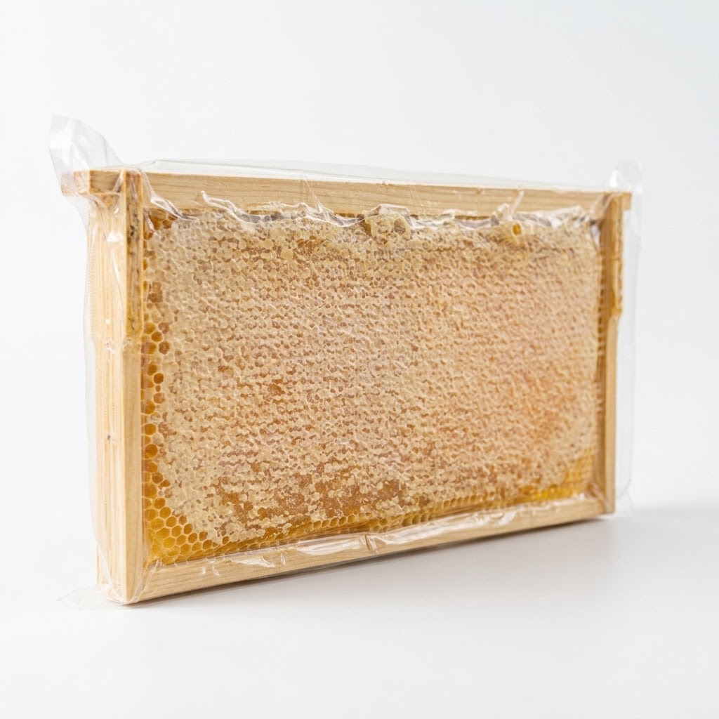 A raw honeycomb frame sealed in clear packaging