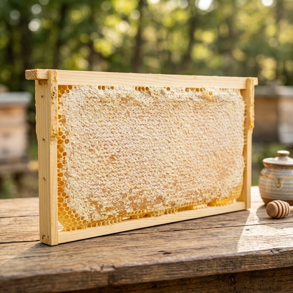 A wooden frame full of capped honeycomb resting on a table in front of beehives